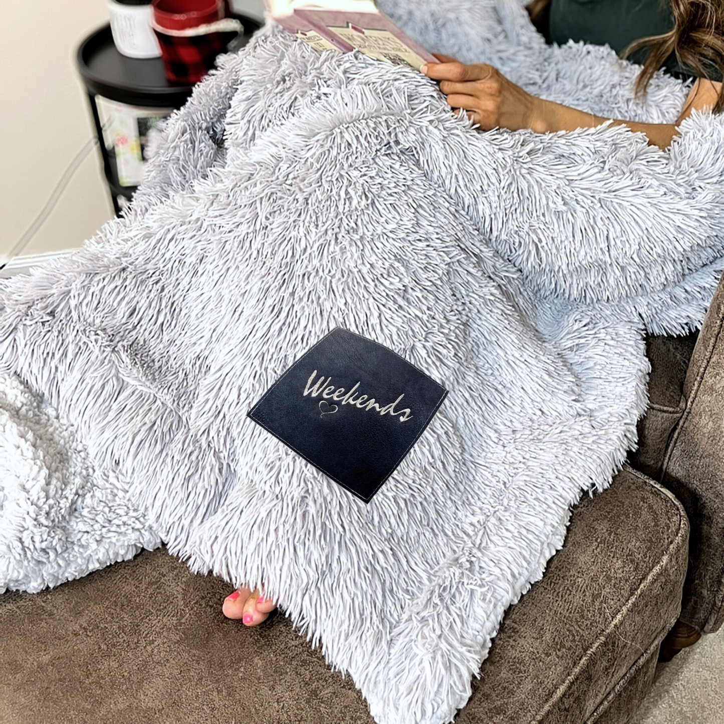 Custom Name Blanket – Faux Fur Throw with Embroidered Leather Patch