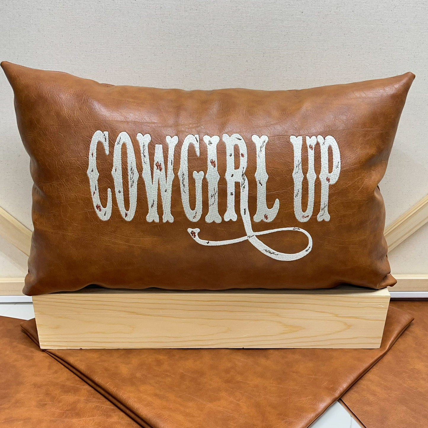 Leather Cowgirl Up pillow, western decor accent