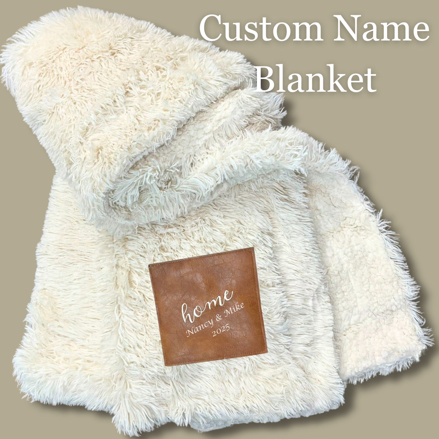 Custom Name Blanket with Leather Patch – Personalized Faux Fur Sherpa Throw