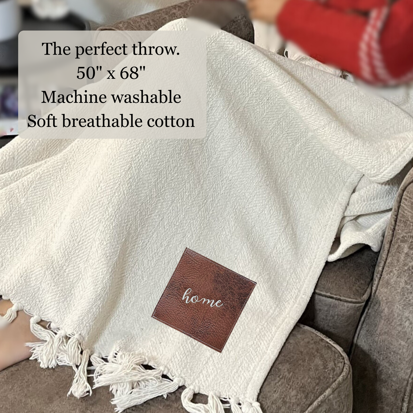 Personalized embroidered leather patch blanket, custom cotton throw blanket for gifting