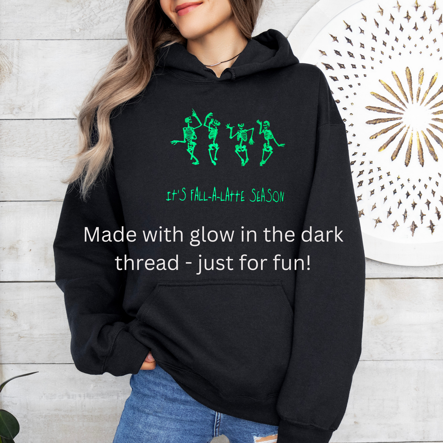 Glow-in-the-Dark Funny Skeleton Fall Hoodie – “It’s Fall-A-Latte Season” | Western Cowgirl Boots Sweatshirt
