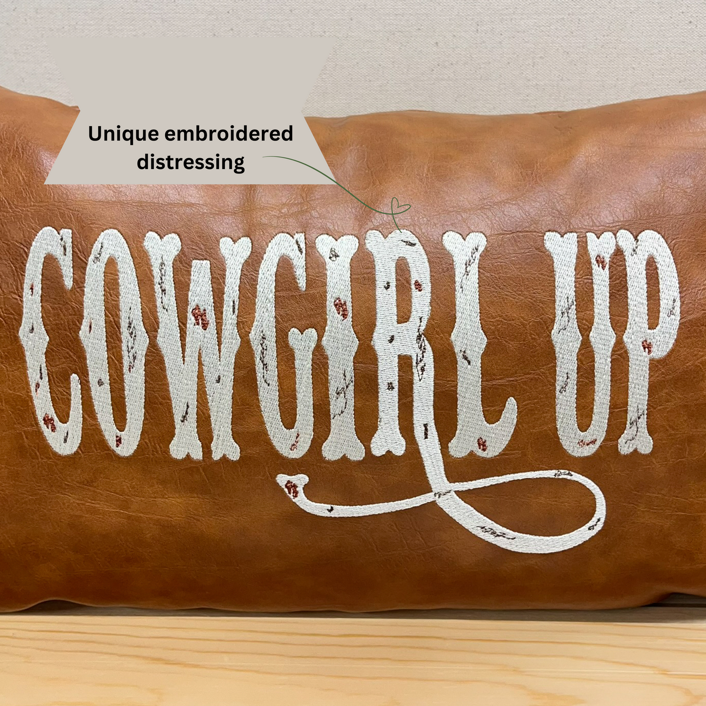 Leather Cowgirl Up pillow, western decor accent