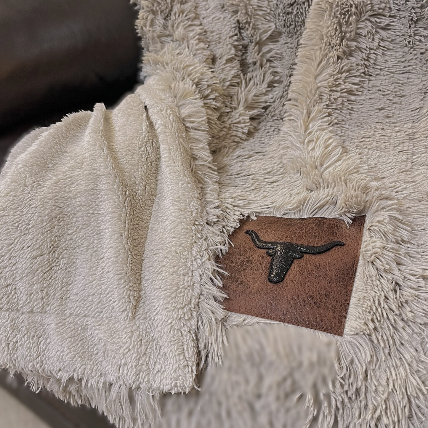 Custom Faux Fur Sherpa Throw Blanket – Western Longhorn Patch – Holiday Gift for Him or Her – Cozy Rustic Christmas Blanket