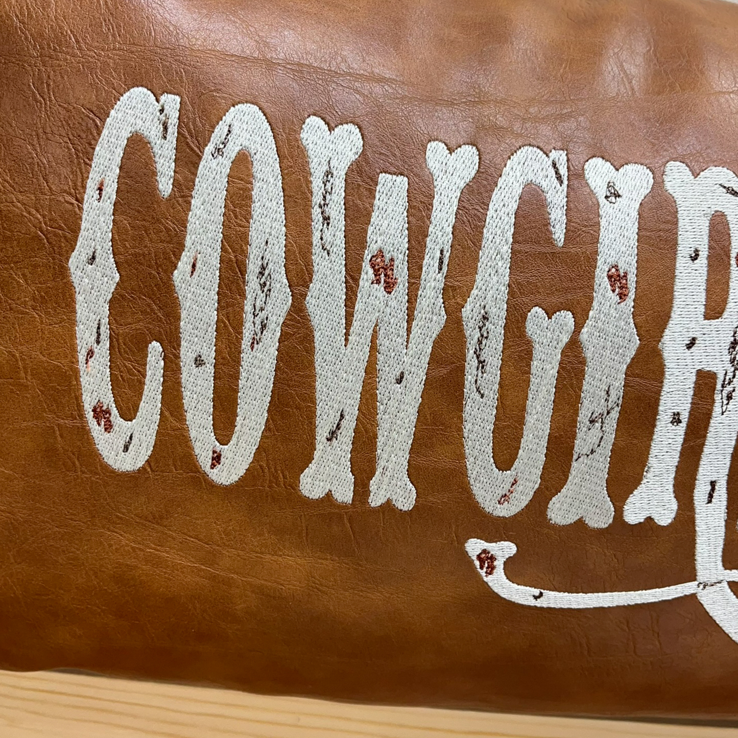 Leather Cowgirl Up pillow, western decor accent