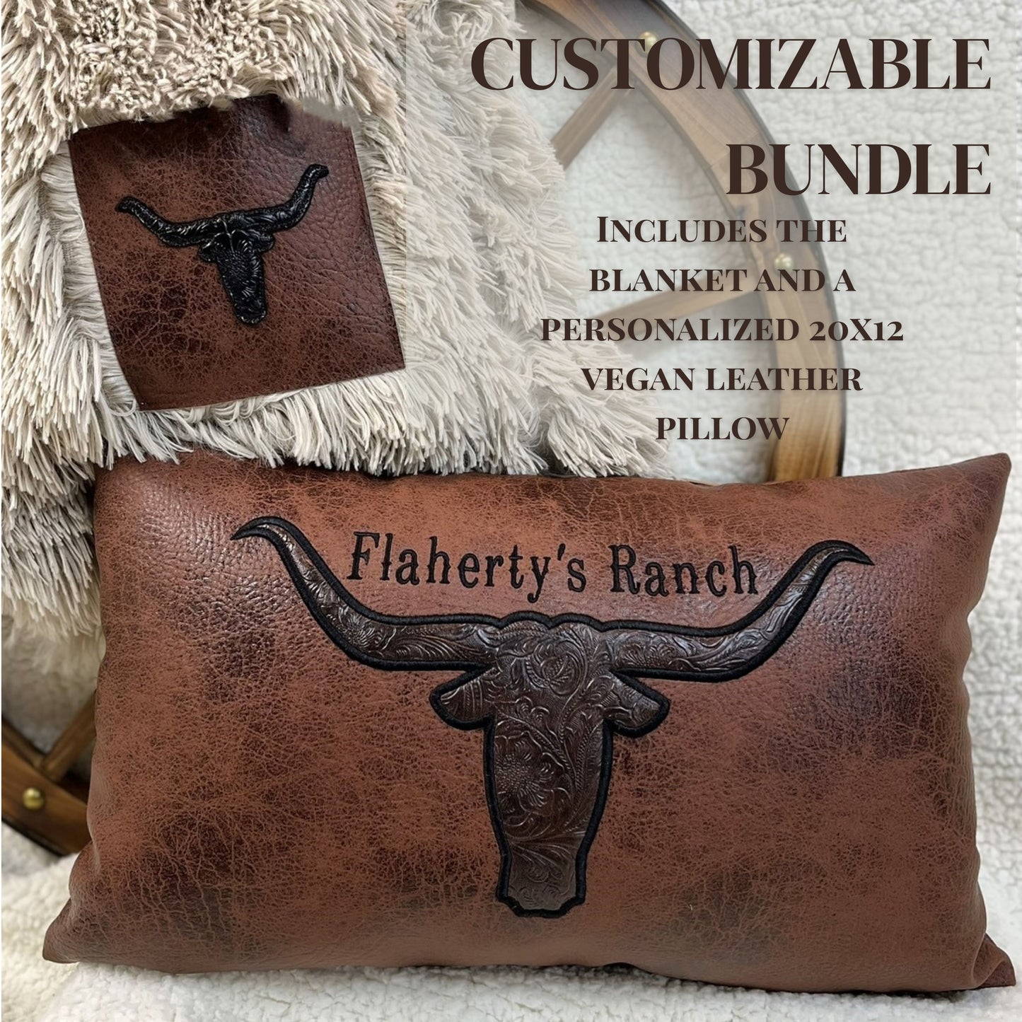 Custom Faux Fur Sherpa Throw Blanket – Western Longhorn Patch – Holiday Gift for Him or Her – Cozy Rustic Christmas Blanket