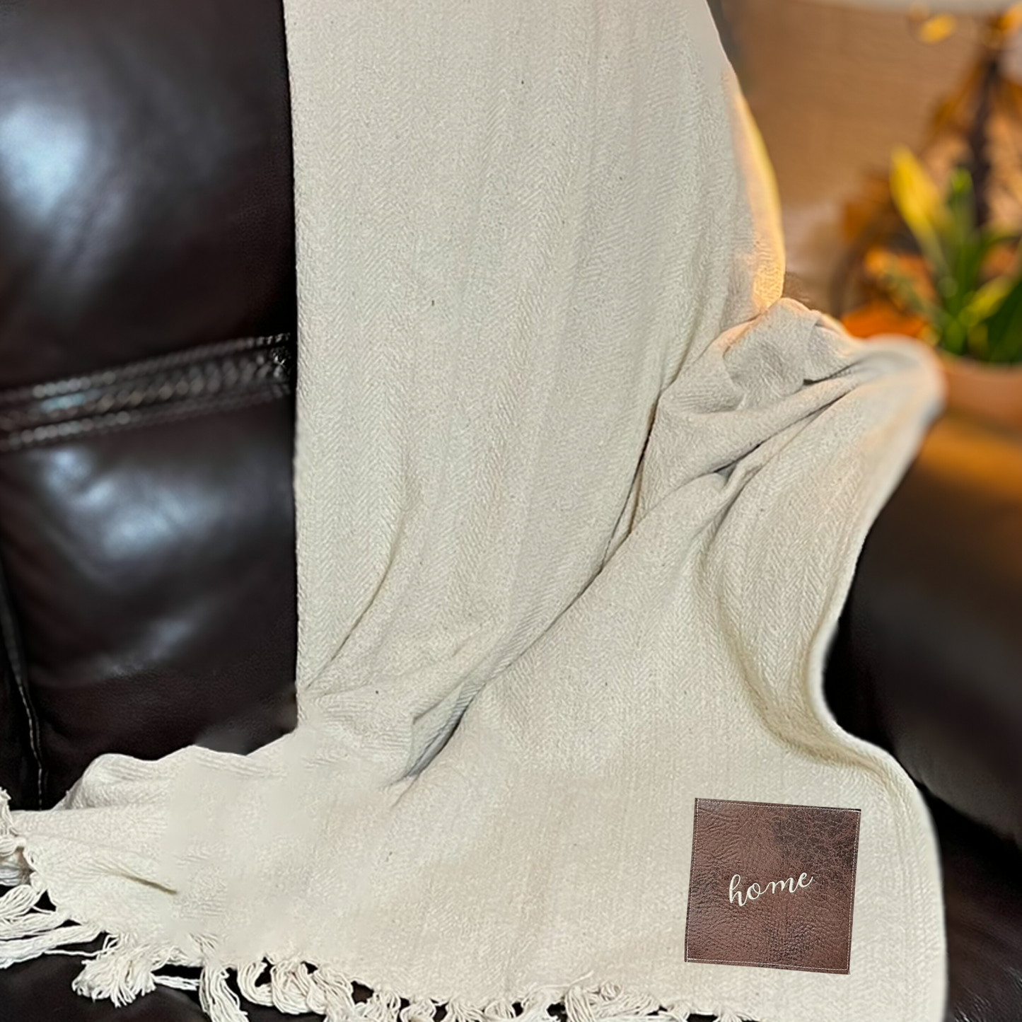 Personalized embroidered leather patch blanket, custom cotton throw blanket for gifting