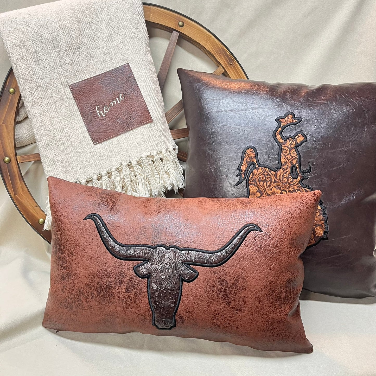 Texas Longhorn leather pillow for gifting, western ranches and cabins