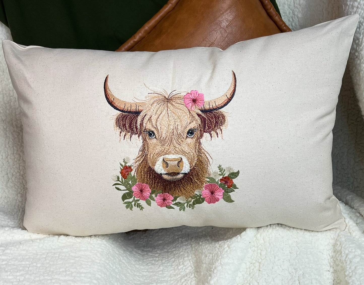 Highland cow embroidered throw pillow