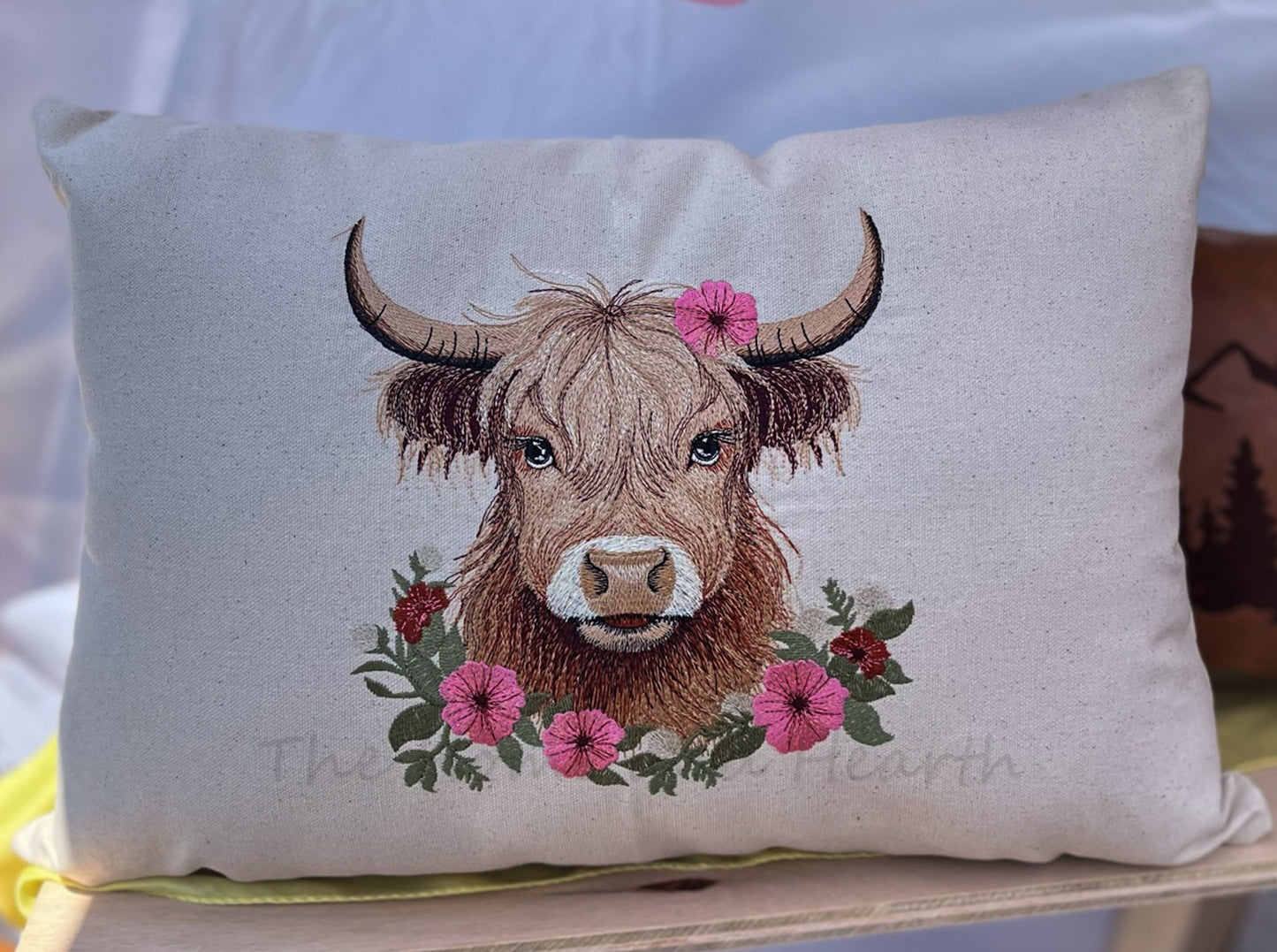 Highland cow embroidered throw pillow