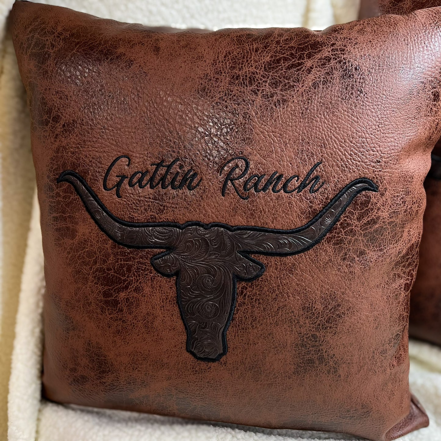 Texas Longhorn leather pillow for gifting, western ranches and cabins
