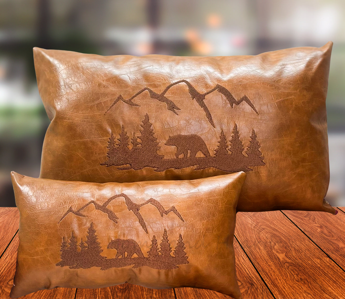 Leather bear cabin throw pillow