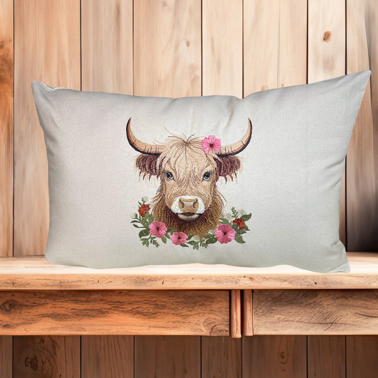 Highland cow embroidered throw pillow