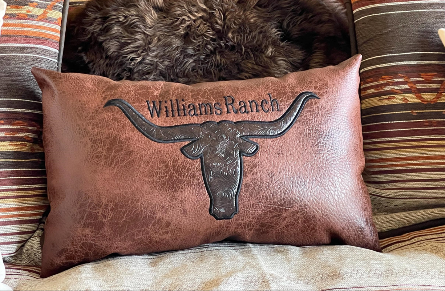 Texas Longhorn leather pillow for gifting, western ranches and cabins