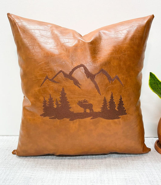 Embroidered faux leather Elk pillow for log cabin, luxury mountain home or RV