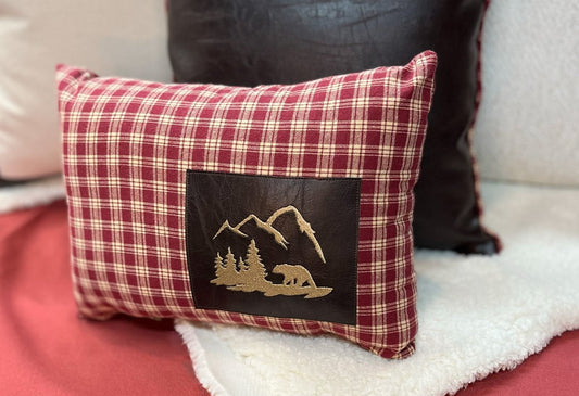 Plaid Bear Accent Pillow with Leather Tag
