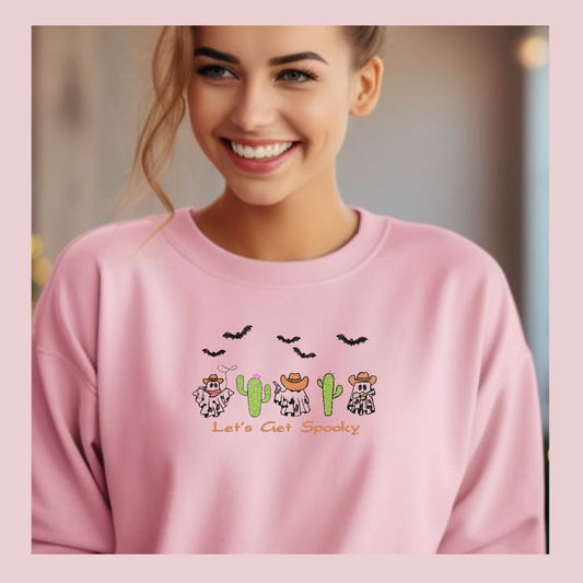 Let’s Get Spooky Western Embroidered Halloween Sweatshirt | In-House Ghost Cowboy Crewneck | Fall Cactus Spooky Sweater | Cozy Unisex Fit