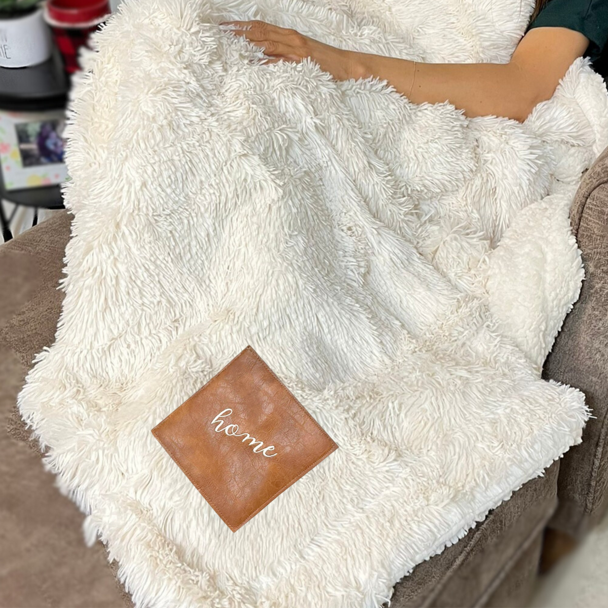 “HOME” Embroidered Patch Blanket – Non-Shedding Faux Fur Throw with Vegan Leather Patch