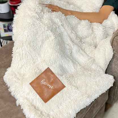 “HOME” Embroidered Patch Blanket – Non-Shedding Faux Fur Throw with Vegan Leather Patch