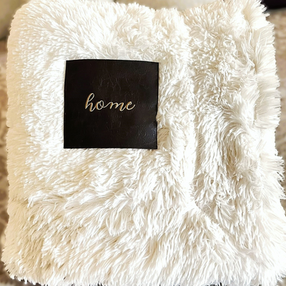 “HOME” Embroidered Patch Blanket – Non-Shedding Faux Fur Throw with Vegan Leather Patch