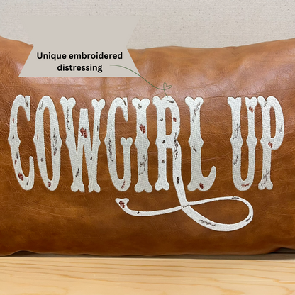 Leather Cowgirl Up pillow, western decor accent