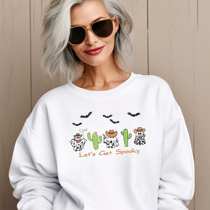 Let’s Get Spooky Western Embroidered Halloween Sweatshirt | In-House Ghost Cowboy Crewneck | Fall Cactus Spooky Sweater | Cozy Unisex Fit