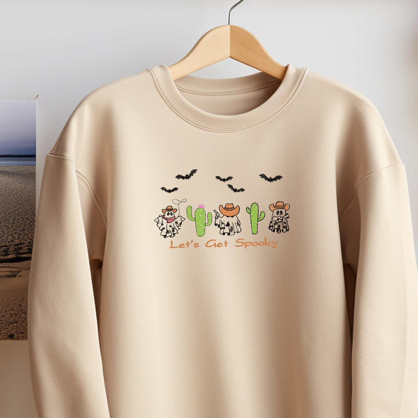 Let’s Get Spooky Western Embroidered Halloween Sweatshirt | In-House Ghost Cowboy Crewneck | Fall Cactus Spooky Sweater | Cozy Unisex Fit