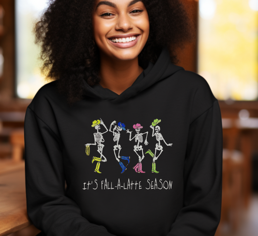 Glow-in-the-Dark Funny Skeleton Fall Hoodie – “It’s Fall-A-Latte Season” | Western Cowgirl Boots Sweatshirt