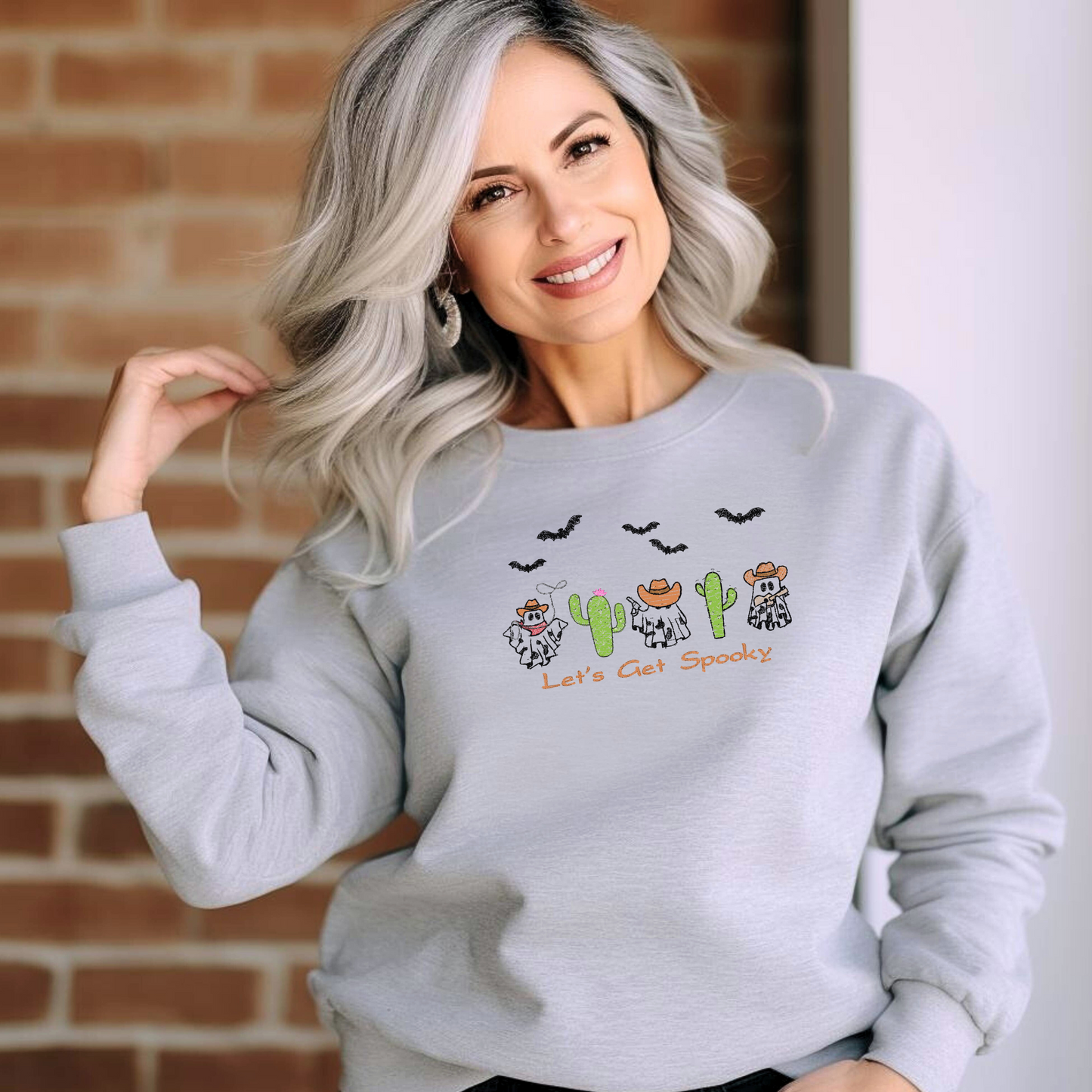 Embroidered Sweatshirt with Spooky Cactus Ghosts for Halloween