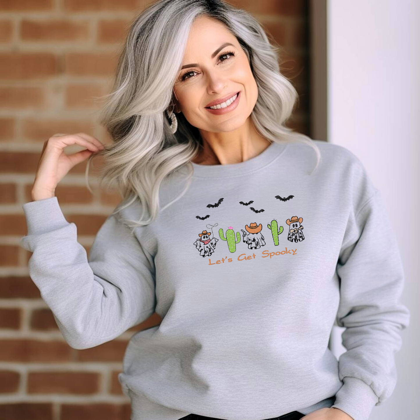 Let’s Get Spooky Western Embroidered Halloween Sweatshirt | In-House Ghost Cowboy Crewneck | Fall Cactus Spooky Sweater | Cozy Unisex Fit