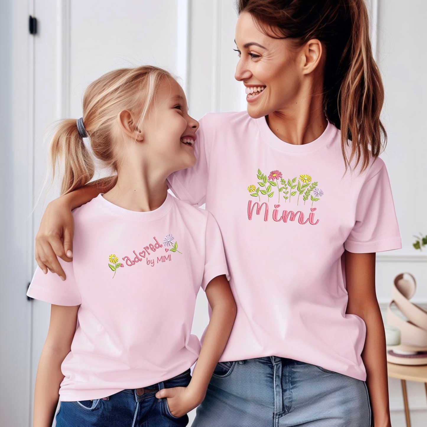 Mimi and Me Matching embroidered T-shirt set for Grandmother gift and pregnancy announcement