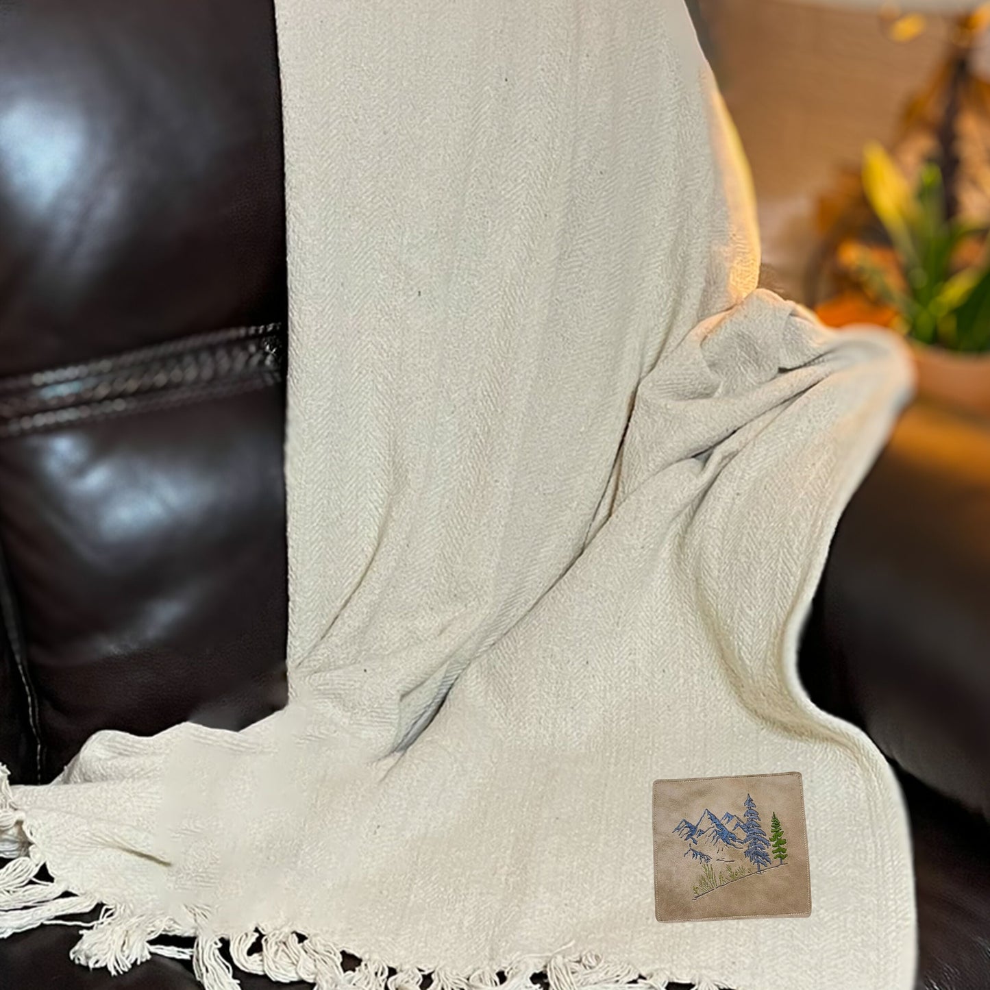 Personalized Cotton Blanket with Vegan Leather Patch | Custom Gift
