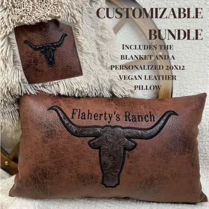 Custom Faux Fur Sherpa Throw Blanket – Western Longhorn Patch – Holiday Gift for Him or Her – Cozy Rustic Christmas Blanket