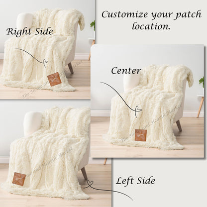 Custom Name Blanket with Leather Patch – Personalized Faux Fur Sherpa Throw