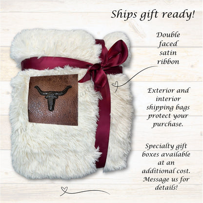 Custom Faux Fur Sherpa Throw Blanket – Western Longhorn Patch – Holiday Gift for Him or Her – Cozy Rustic Christmas Blanket