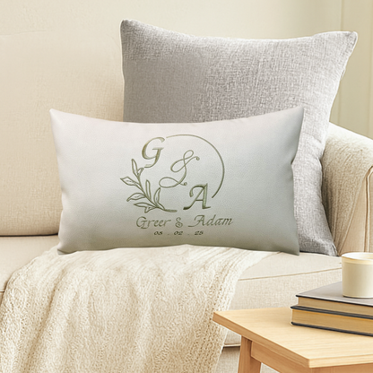 Custom Leather Monogram Pillow – Rustic Wedding Gift for Bride, Personalized Anniversary Cushion