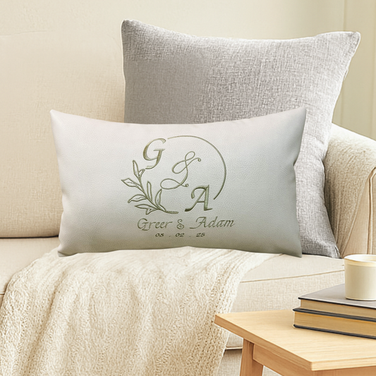 Custom Leather Monogram Pillow – Rustic Wedding Gift for Bride, Personalized Anniversary Cushion
