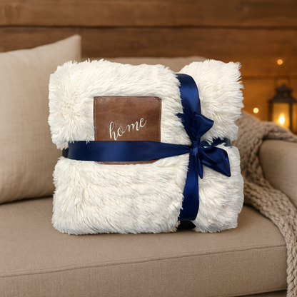 “HOME” Embroidered Patch Blanket – Non-Shedding Faux Fur Throw with Vegan Leather Patch