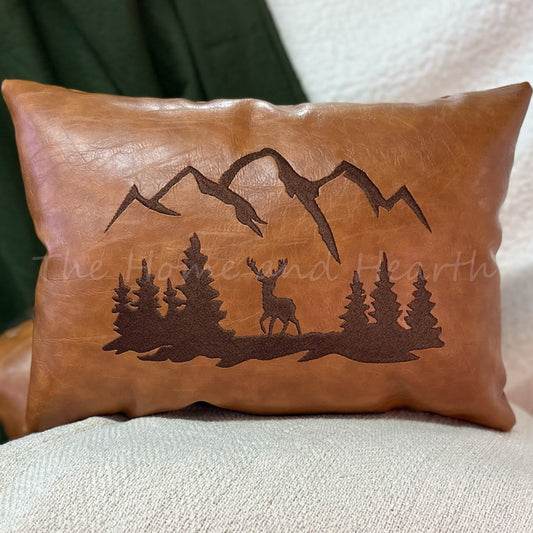 Leather deer pillow small lumbar personalized gift pillow for cabin decor and mountain homes