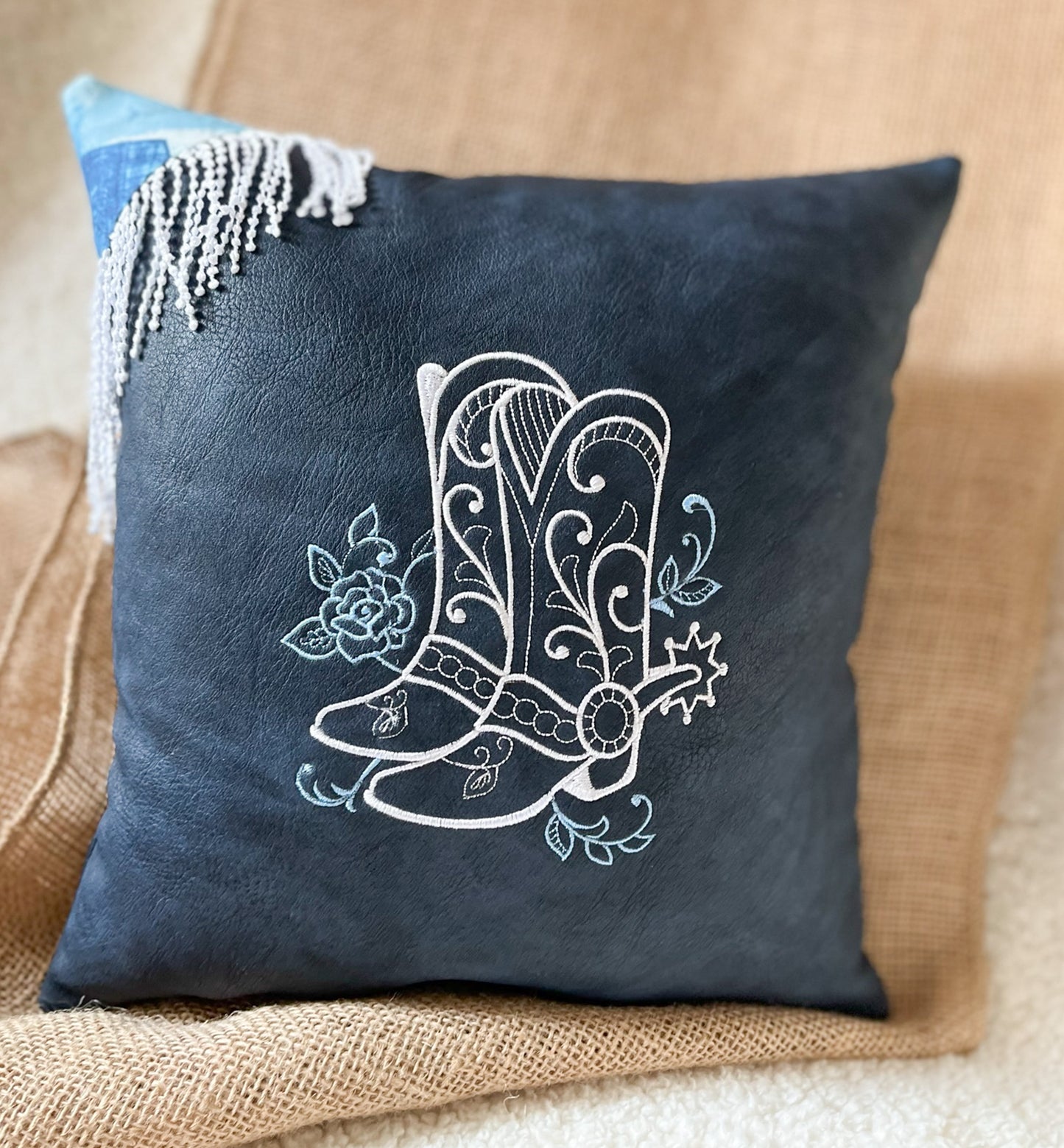 Cowboy boot embroidered leather throw pillow western style gift for women