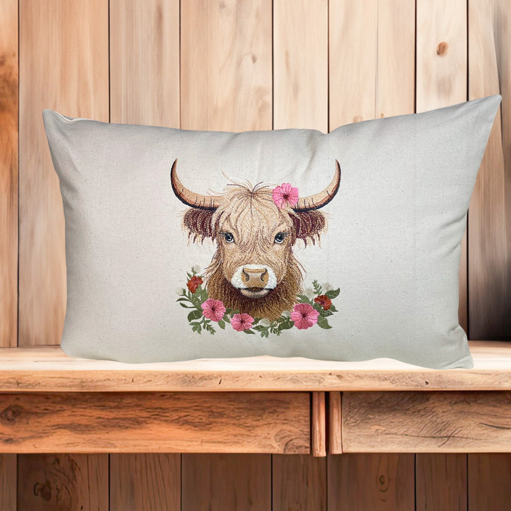 Highland cow embroidered throw pillow for farmhouse or cabin decor The Home and Hearth