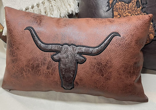Texas Longhorn leather pillow for gifting, western ranches and cabins