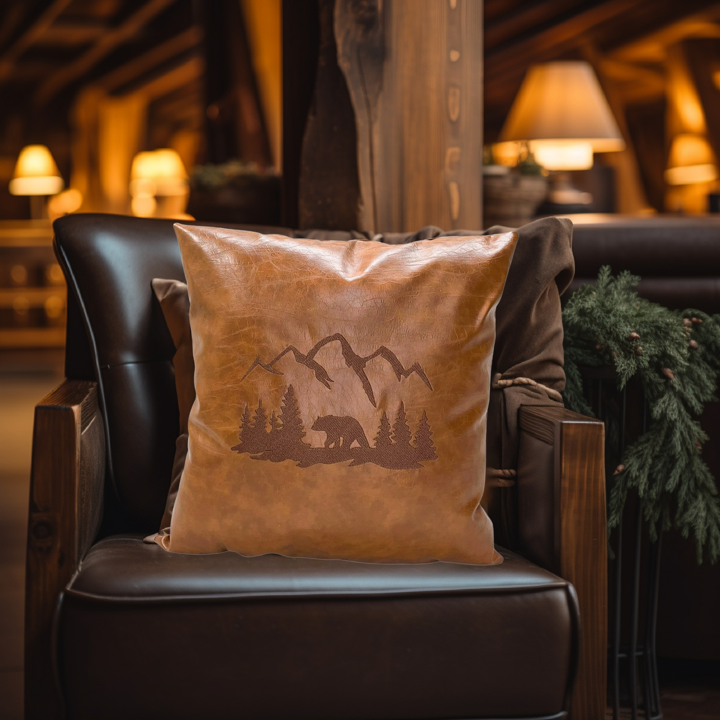 Leather bear cabin pillow accent throw cushion