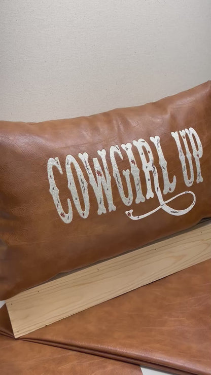Leather Cowgirl Up pillow, western decor accent