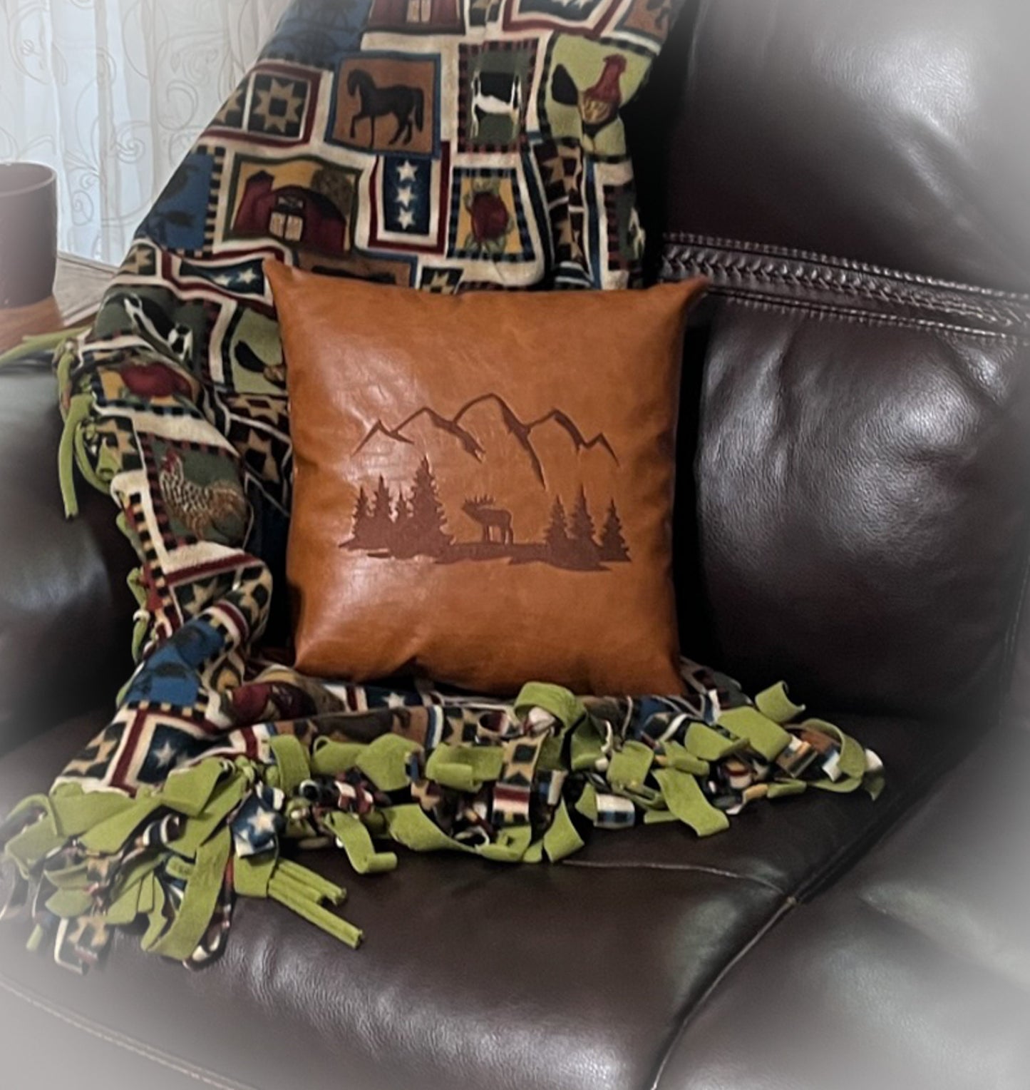 Embroidered faux leather Elk pillow for log cabin, luxury mountain home or RV