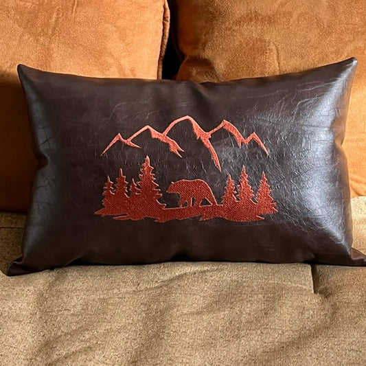 Chocolate embroidered bear pillow cabin decor 20x12