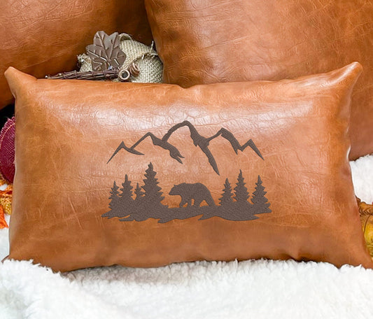 Rustic leather bear pillow cabin decor lodge accent 20x12